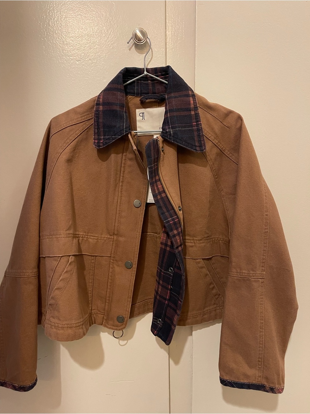 Anthropologie Pilcro Brown Cropped Canvas Jacket with Plaid Lining